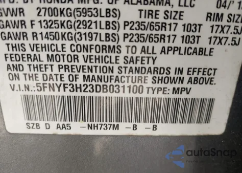 2013 Honda Pilot Lx from USA, damaged, VIN 5FNYF3H23DB031100